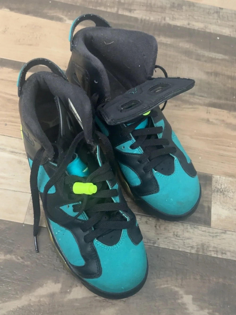 Jordan Men's Black and Teal Basketball Sneakers with Neon Yellow Accents